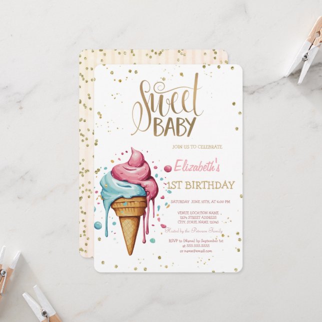  Ice Cream Dripping Diamonds Stripe Birthday   Invitation (Front/Back In Situ)