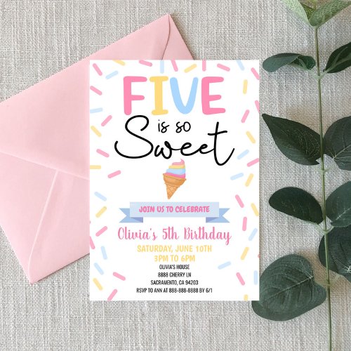 Ice Cream Five Is So Sweet 5th Birthday Party Invitation