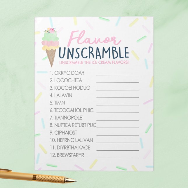 Ice Cream Flavor Unscramble Party Game Pack Notepad (Flavor Unscramble Watercolor Ice Cream Game Pack of 40 Answer Sheets - Perfect for Bridal or Baby)