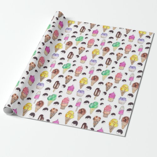 Ice Cream Flavors Watercolor Pattern Wrapping Paper