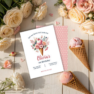 Ice Cream Floral Berry Cool Girl Birthday Party Invitation