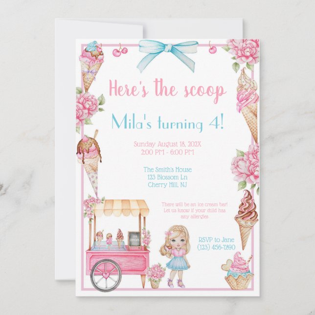 Ice Cream & Floral Birthday Invitation (Front)