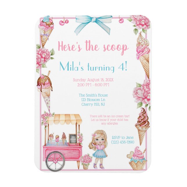 Ice Cream & Floral Birthday Invitation Magnet (Vertical)