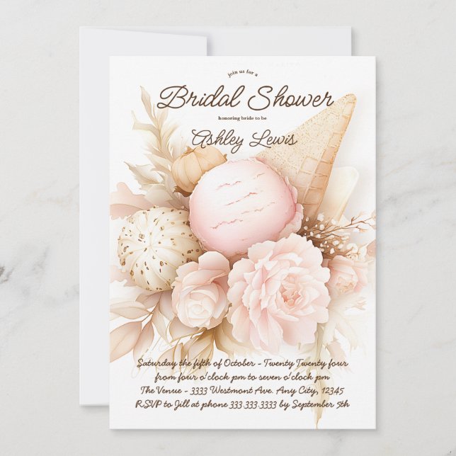 Ice cream floral bouquet, ice cream blush invitation (Front)