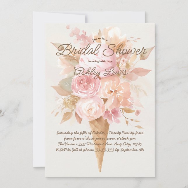 Ice cream floral invitation, watercolor flowers invitation (Front)