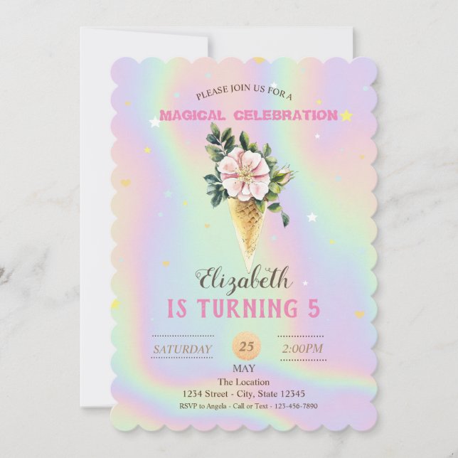  Ice cream Flower Holographic Birthday Invitation (Front)