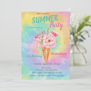 Ice cream Flowers Fruits Summer Tye Dye Birthday Invitation