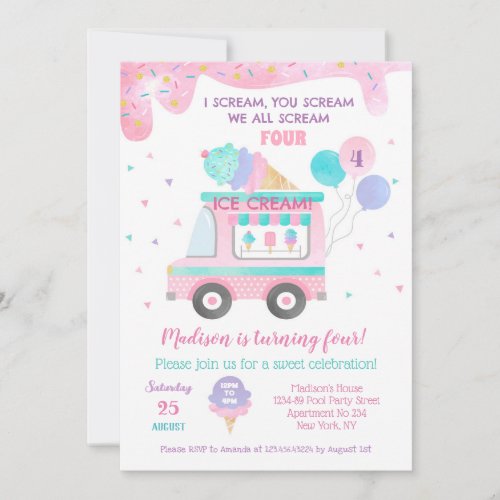 Ice Cream Four 4th Birthday Party Invitations