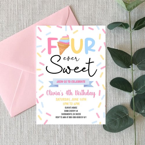 Ice Cream Four Ever Sweet 4th Birthday Party Invitation