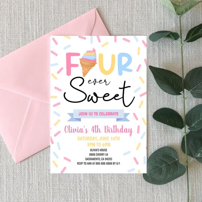 Ice Cream Four Ever Sweet 4th Birthday Party Invitation (Creator Uploaded)