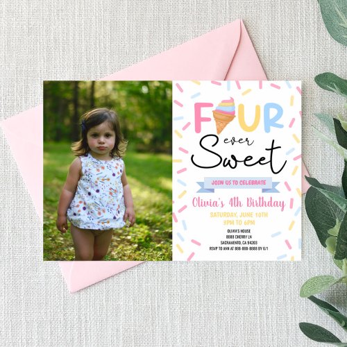 Ice Cream Four Ever Sweet 4th Birthday Party  Invitation