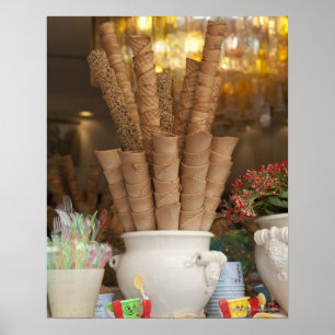 Ice cream gelato cones in shop window display poster