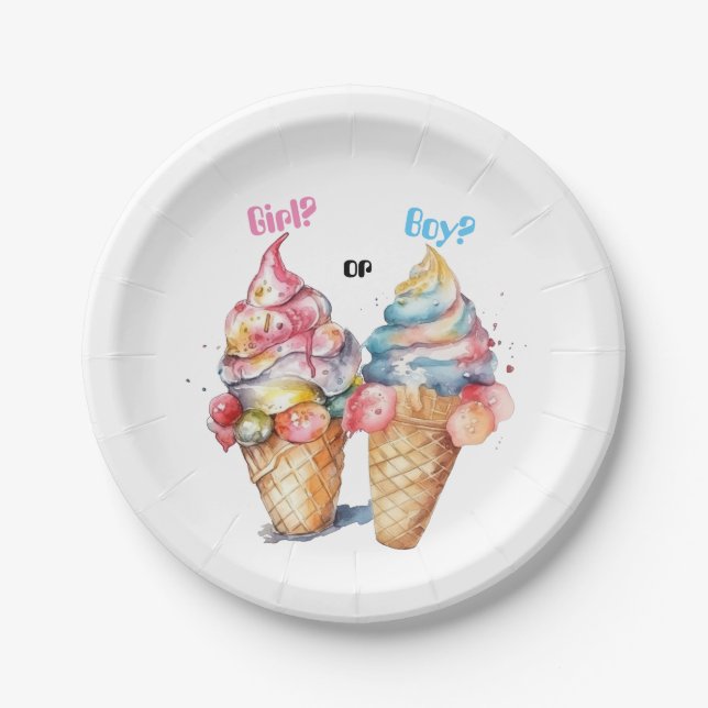 Ice Cream Gender Reveal Party Invitation Paper Plates (Front)