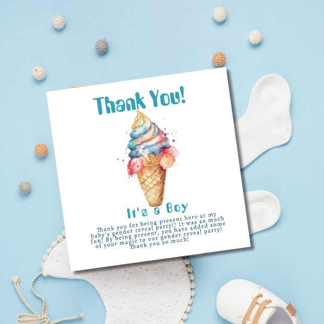 Ice Cream Gender Reveal Party Its a Boy Thank You Card (Creator Uploaded)