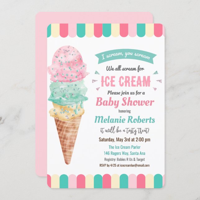Ice Cream Glitter Baby Shower Invitation (Front/Back)