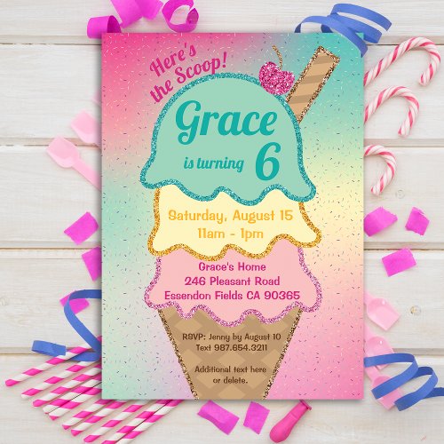 Ice Cream Glitter Sprinkles Birthday Invitation