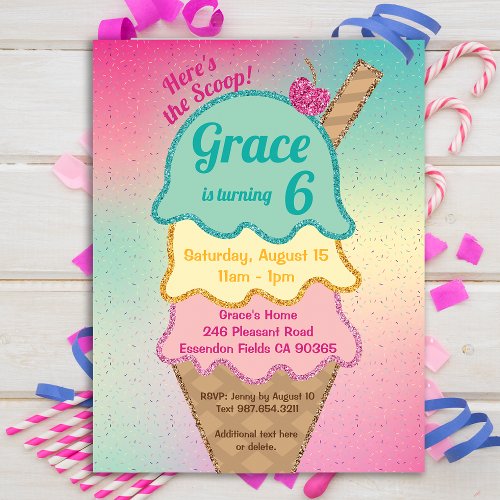 Ice Cream Glitter Sprinkles Birthday Invitation Postcard