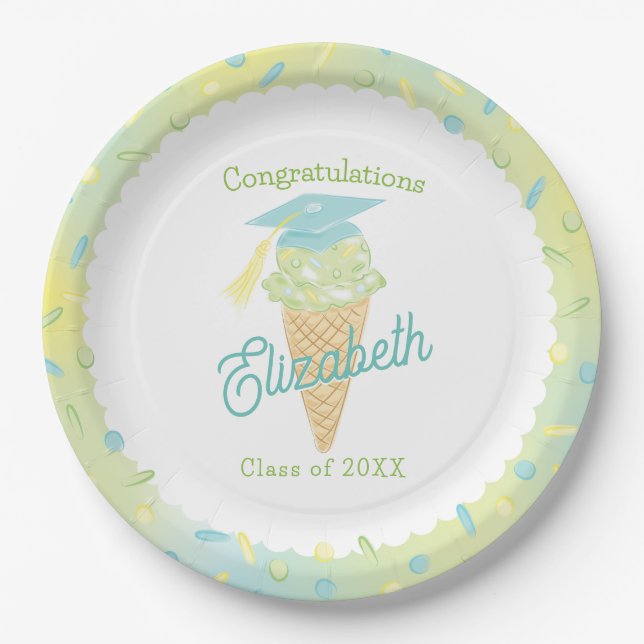 Ice Cream Graduation Party Blue Green Paper Plates (Front)