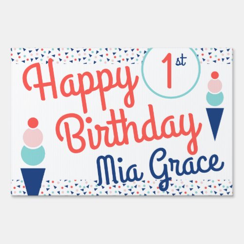 Ice Cream Happy Birthday Custom Coral Blue Yard Sign