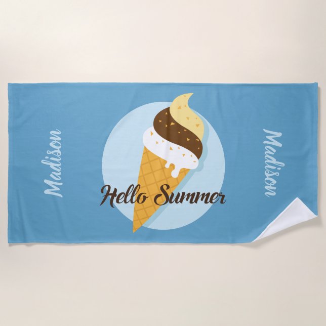 Ice Cream Hello custom name & color beach towel (Front)