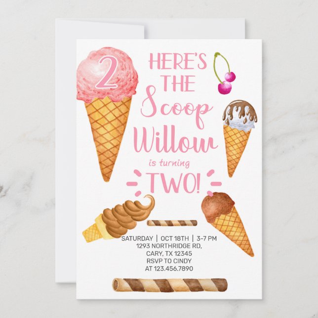 Ice cream here's the scoop 2nd birthday invitation (Front)