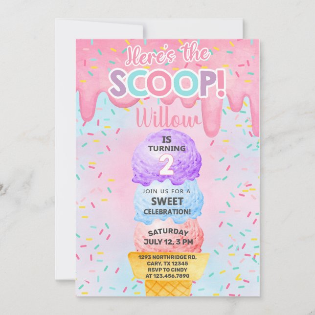 Ice cream here's the scoop 2nd birthday invitation (Front)