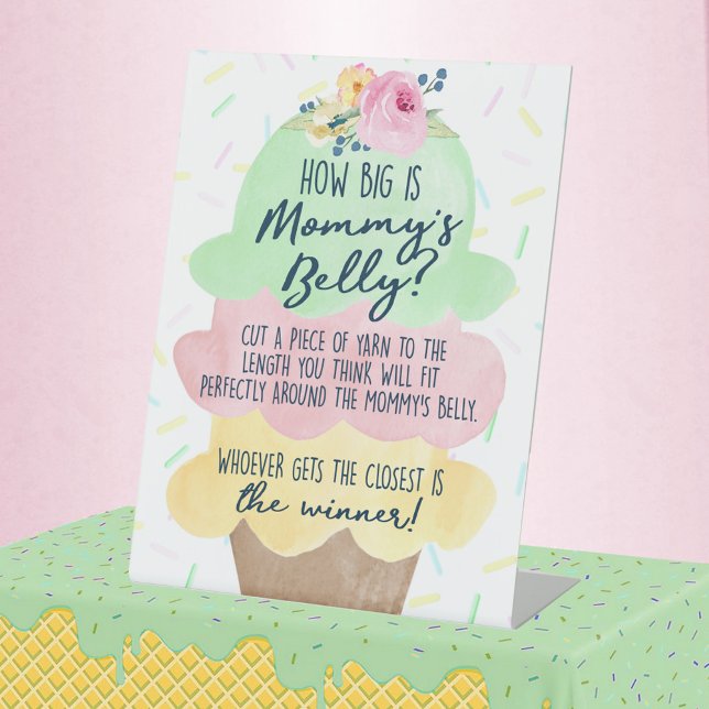 Ice Cream How Big is Mommy's Belly Shower Game Pedestal Sign (How Big is Mommy's Belly Ice Cream Baby Shower Game Pedestal Sign - Watercolor Ice Cream Sprinkle)