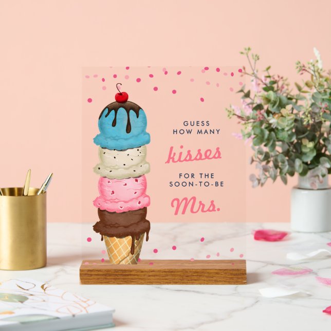 Ice Cream How Many Kisses Bridal Shower Game Acrylic Sign (Wedding)