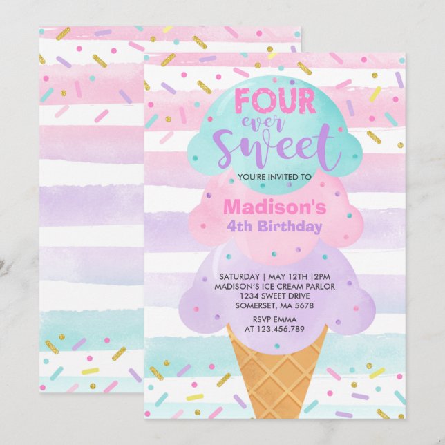 Ice Cream Invitation Four Ever Sweet 4th Birthday (Front/Back)