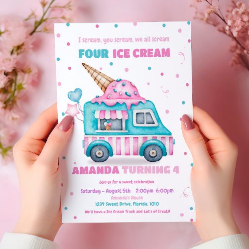 Ice Cream Invitation Pink Truck Birthday Invite