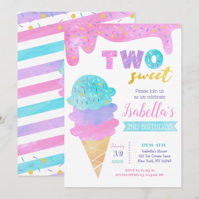 Ice Cream Invitation Two Sweet 2nd Birthday Invite (Front/Back)