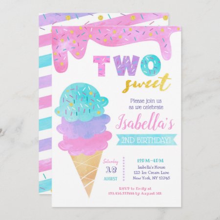 Ice Cream Invitation Two Sweet 2nd Birthday Invite