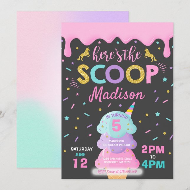 Ice Cream Invitation Unicorn Ice Cream Party (Front/Back)