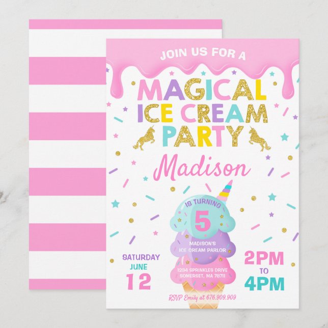Ice Cream Invitation Unicorn Ice Cream Party (Front/Back)