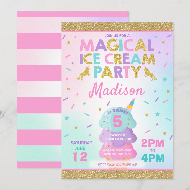 Ice Cream Invitation Unicorn Ice Cream Party (Front/Back)
