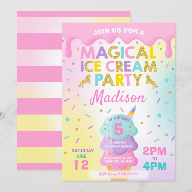 Ice Cream Invitation Unicorn Ice Cream Party (Front/Back)