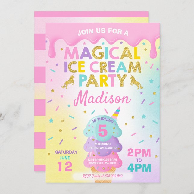 Ice Cream Invitation Unicorn Ice Cream Party (Front/Back)