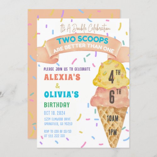 Ice Cream Joint Birthday Siblings Combined Cousin Invitation