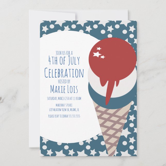 Ice Cream July 4th Stars and Dots Red  Invitation (Front)