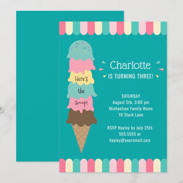 Ice Cream Kids Birthday Party Teal Invitation (Front/Back)
