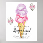 Ice Cream Leave Recipe Card Here Sign<br><div class="desc">Whimsical bridal / wedding shower sign featuring watercolor illustration of pink and purple ice cream scoops on a waffle cone and pink flowers. The text says "place your recipe card here for the bride to use year after year."</div>