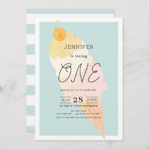 Ice Cream Light Blue 1st Birthday Invitation