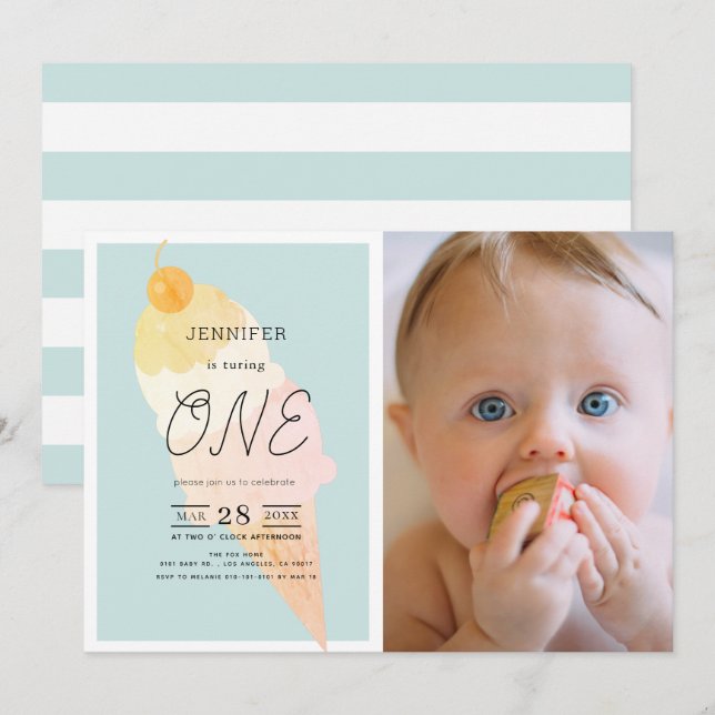 Ice Cream Light Blue 1st Birthday Invitation (Front/Back)