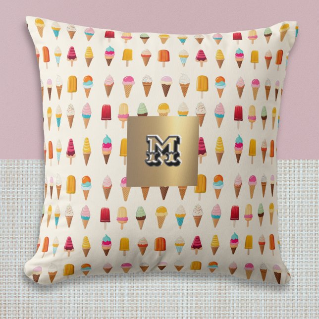 Ice Cream Lollies Monogrammed Retro Patterned Cute Throw Pillow (A cute monogrammed throw pillow, with colorful pattern of ice cream cones and ice lollies)