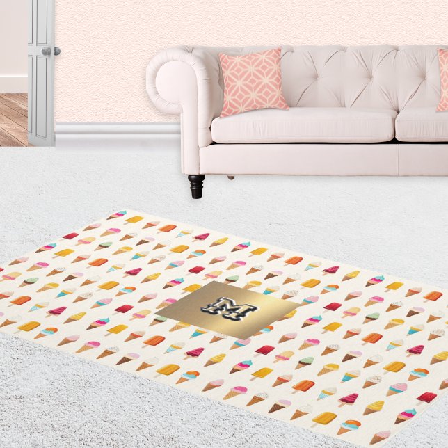 Ice Cream Lollies Monogrammed Retro Seaside Cute Rug (A pretty rug with ice creams and lollies pattern, and ornate monogram within a faux gold square)