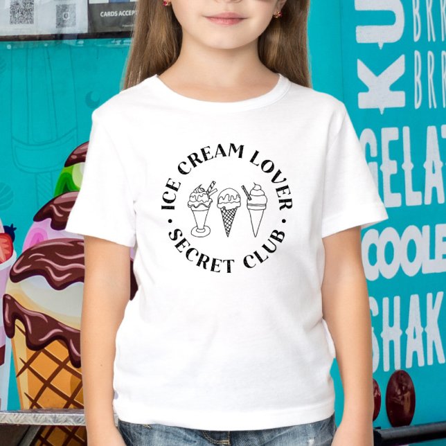 Ice Cream Lover Secret Club Kids T-Shirt (In-context, girl in front of ice cream shop)