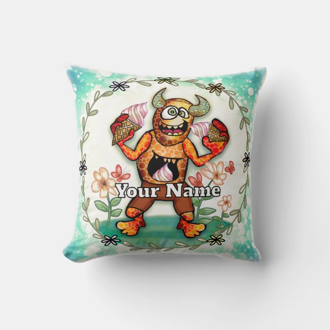 Ice Cream Monster Throw Pillow (Front)