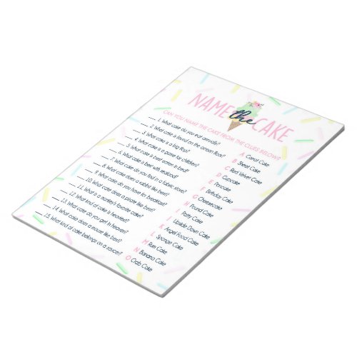 Ice Cream Name The Cake Shower Game Pack Notepad