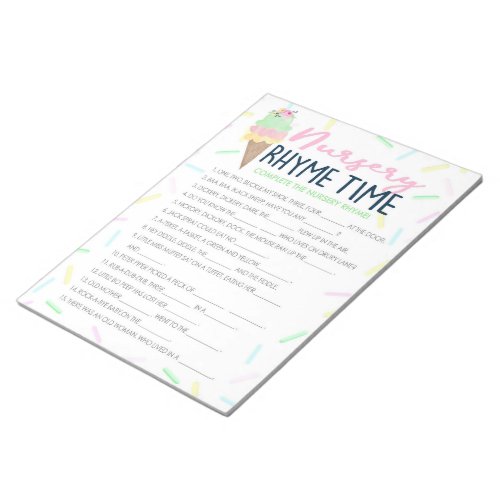 Ice Cream Nursery Rhyme Baby Shower Game Pack Notepad