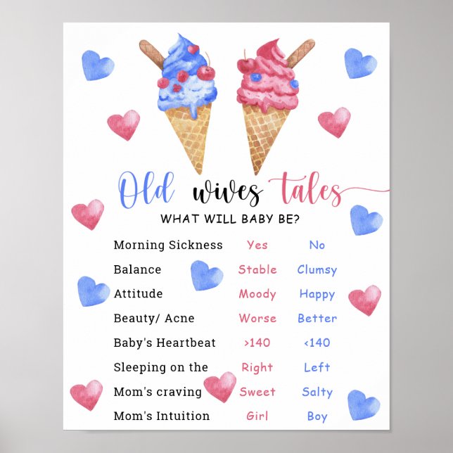Ice cream Old Wives Tales Gender Reveal Board  Poster (Front)